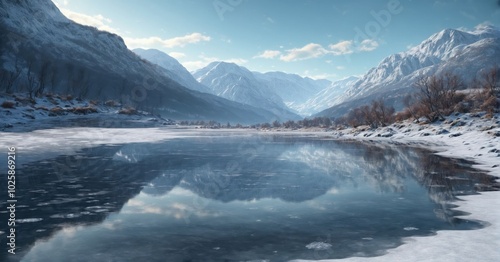 Frozen lake in the middle of a snow-covered valley, distant mountains