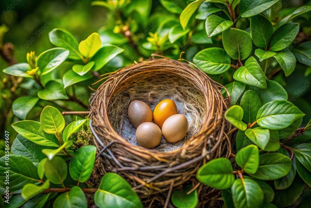 Nesting Bird with Eggs in a Cozy Nest Surrounded by Greenery in a Natural Habitat Setting Nesting Bird with Eggs in a Cozy Nest Surrounded by Greenery in a Natural Habitat Setting