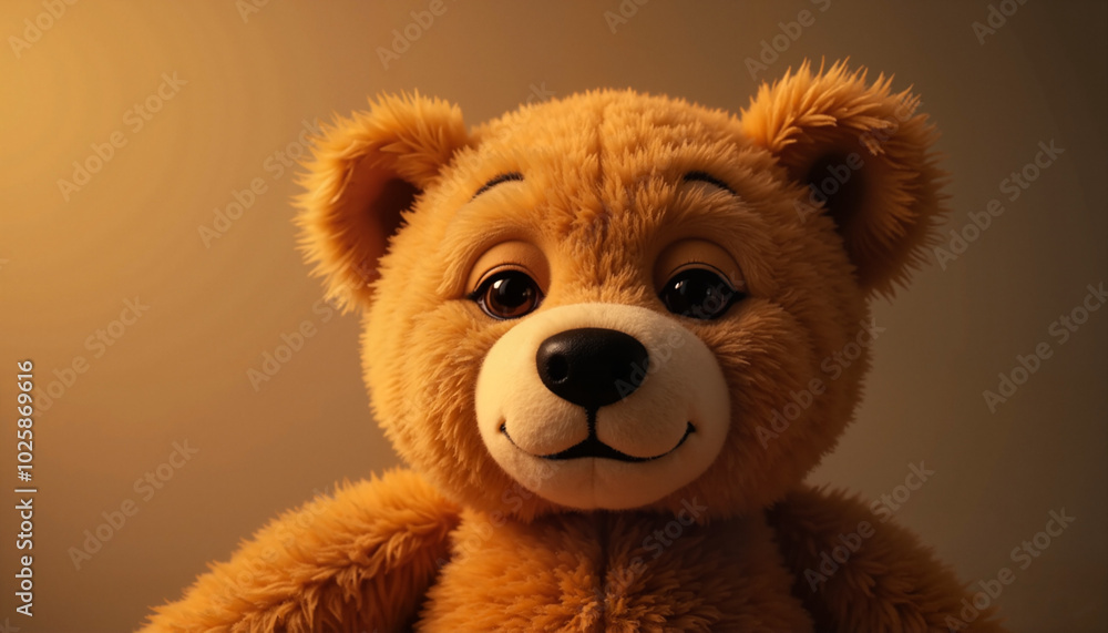 Fototapeta premium Cute plush teddy bear with friendly expression against soft illuminated background, gift