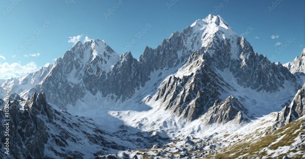 Majestic mountain range with snow-capped peaks, clear blue sky Majestic mountain range with snow-capped peaks, clear blue sky