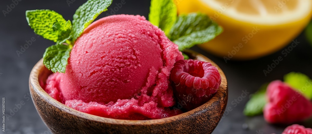 Two scoops of raspberry ice cream in a wooden bowl Lemon and mint garnish nearby Two scoops of raspberry ice cream in a wooden bowl Lemon and mint garnish nearby
