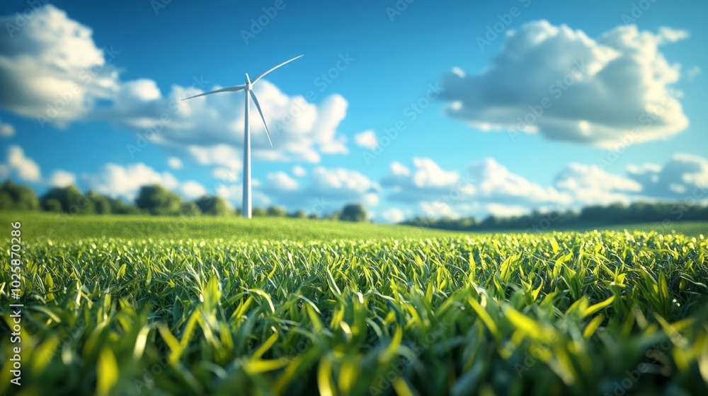 Wind turbines on the green meadow, renewable energy.