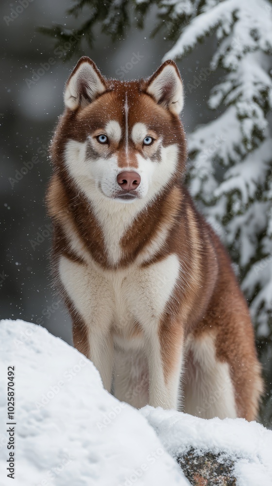 A husky, brown and white, stands atop a snow-covered hill Pine forest lies before it, filled A husky, brown and white, stands atop a snow-covered hill Pine forest lies before it, filled