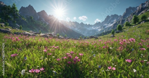 Wildflower meadow in the mountains, vibrant blossoms, green grass