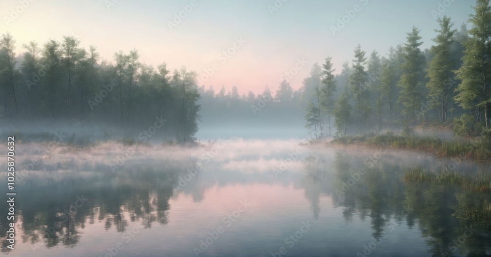 Serene forest lake at dawn, mist rising from the water, soft pastel sky Serene forest lake at dawn, mist rising from the water, soft pastel sky
