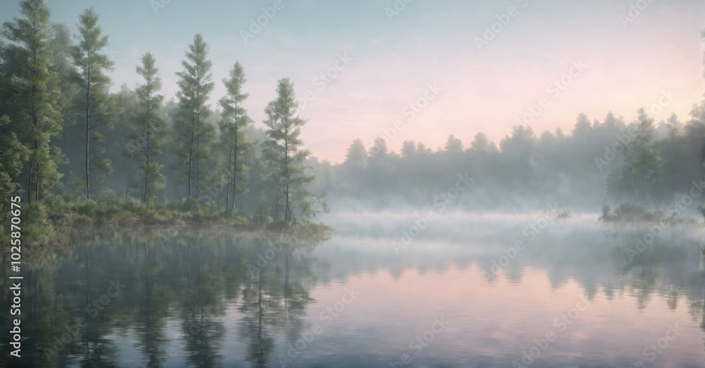 Serene forest lake at dawn, mist rising from the water, soft pastel sky Serene forest lake at dawn, mist rising from the water, soft pastel sky