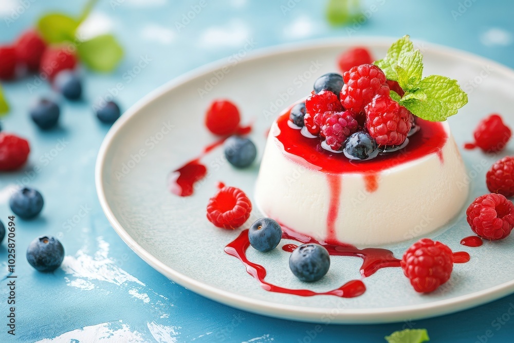 A smooth vanilla panna cotta is elegantly topped with a vibrant berry sauce and fresh raspberries and blueberries. The colorful presentation is set against a bright blue background. A smooth vanilla panna cotta is elegantly topped with a vibrant berry sauce and fresh raspberries and blueberries. The colorful presentation is set against a bright blue background.