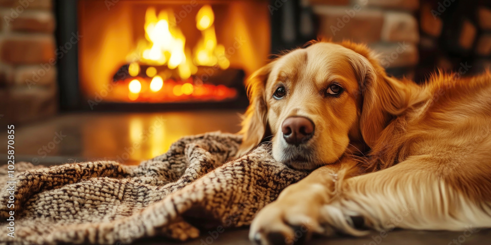 A golden retriever lounges on a blanket near a fireplace, enjoying the warmth and comfort indoors.. A golden retriever lounges on a blanket near a fireplace, enjoying the warmth and comfort indoors..