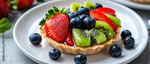  A fruit tart on a pristine white plate, adorned with blueberries, strawberries, kiwi slices, and more strawberries