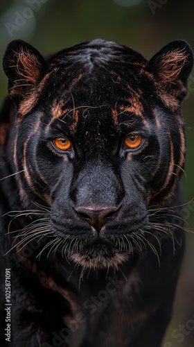  A tight shot of a black tiger's face with orange eyes amidst blurred treebackground photo