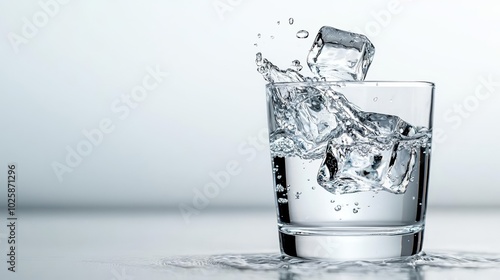 Dynamic image of ice cubes tumbling into a glass, creating a splash in crystal clear water, symbolizing refreshment and pure hydration photo