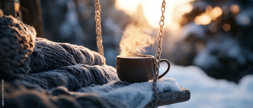 Obraz premium A cup of coffee on a swing, covered in snow Blanket underneath, another on top