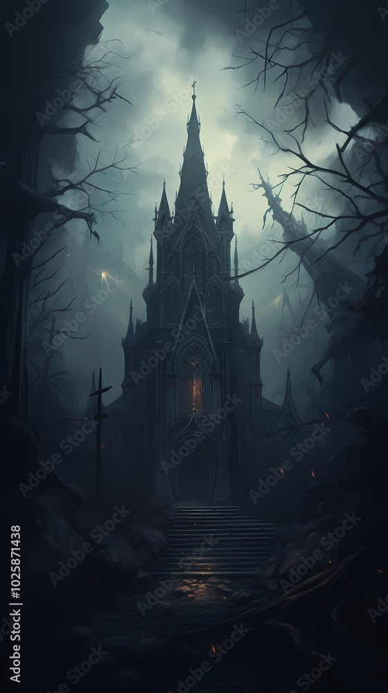 A mysterious, gothic castle shrouded in eerie mist and shadowy surroundings.