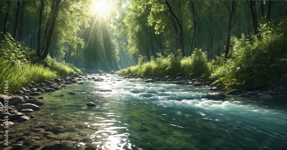 Crystal clear river flowing through a dense forest, sunlight filtering through the trees Crystal clear river flowing through a dense forest, sunlight filtering through the trees