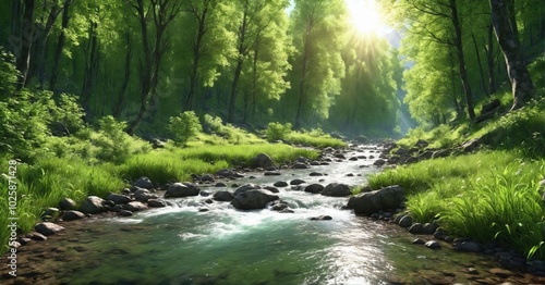Majestic mountain stream flowing through a forest