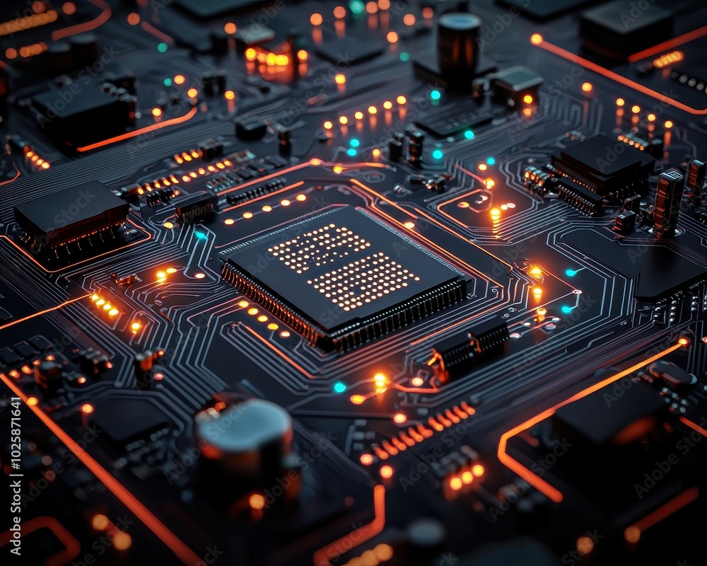 Fototapeta premium Close-up view of a circuit board with glowing components and intricate patterns.