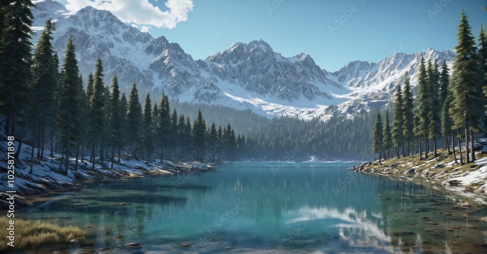 Majestic mountain lake surrounded by pine trees, clear blue water Majestic mountain lake surrounded by pine trees, clear blue water