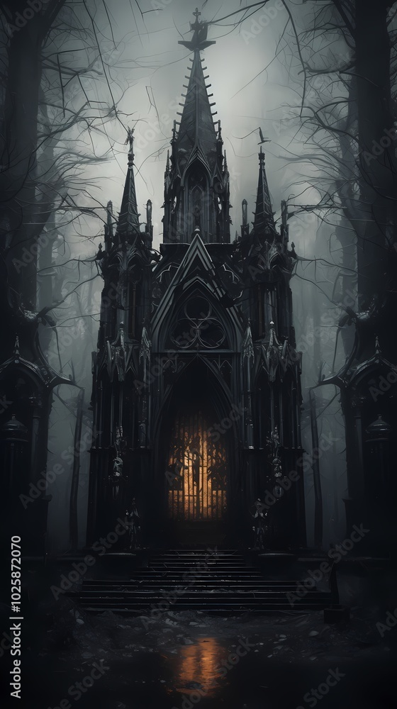A mysterious, gothic castle shrouded in eerie mist and shadowy surroundings. A mysterious, gothic castle shrouded in eerie mist and shadowy surroundings.