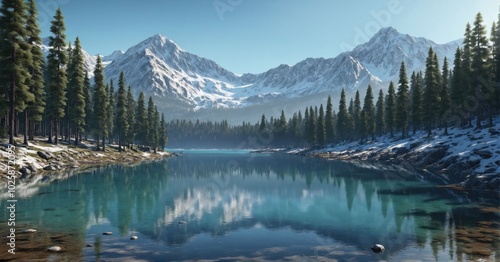 Majestic mountain lake surrounded by pine trees, clear blue water