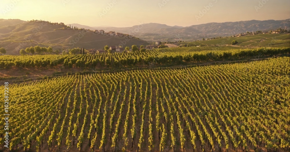 Rolling hills of vineyards at sunset, golden light, rows of grapevines Rolling hills of vineyards at sunset, golden light, rows of grapevines