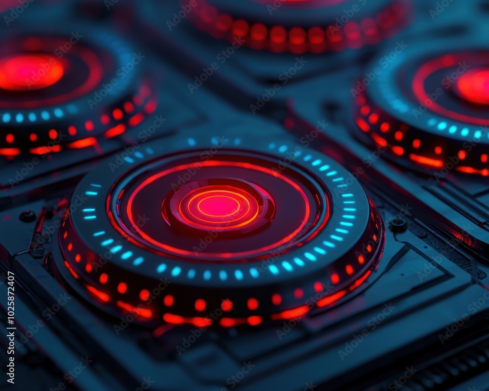 Abstract close-up of glowing circular neon lights on a dark surface, creating an electric and modern ambiance. Abstract close-up of glowing circular neon lights on a dark surface, creating an electric and modern ambiance.