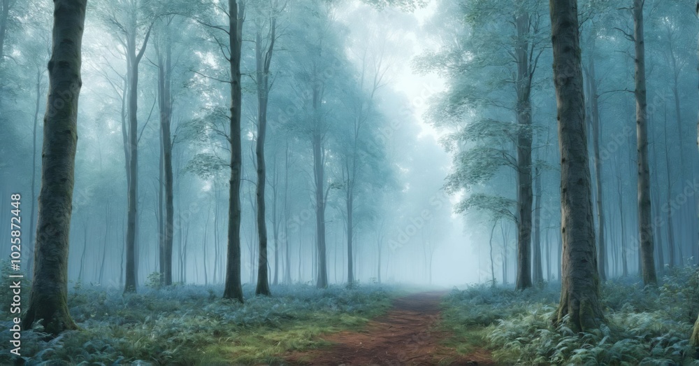 Misty forest with towering trees, soft morning light Misty forest with towering trees, soft morning light
