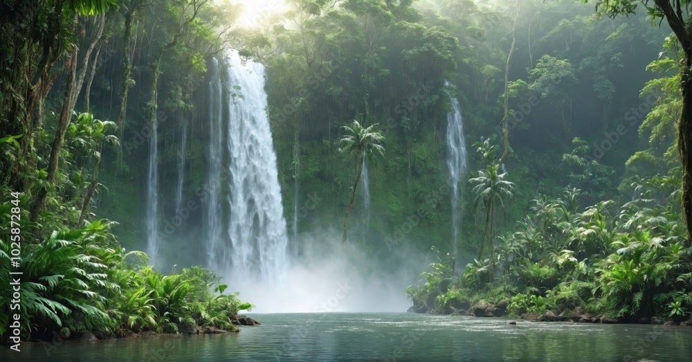 Majestic waterfall in a tropical jungle, vibrant green plants Majestic waterfall in a tropical jungle, vibrant green plants