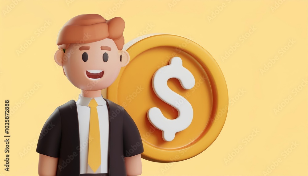 A cheerful cartoon character in a suit stands next to a large gold coin featuring a dollar sign against a bright yellow background. A cheerful cartoon character in a suit stands next to a large gold coin featuring a dollar sign against a bright yellow background.