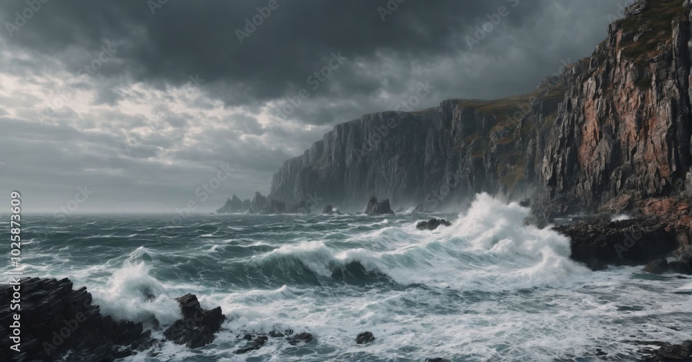 Rocky coastline with crashing waves, dramatic cliffs Rocky coastline with crashing waves, dramatic cliffs