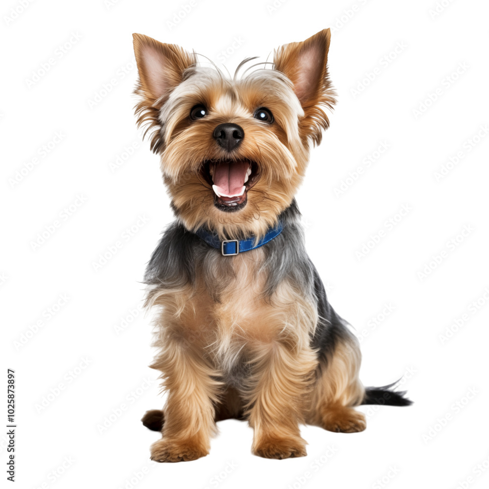 Cheerful Yorkshire Terrier sitting on a transparent background with a playful expression Cheerful Yorkshire Terrier sitting on a transparent background with a playful expression