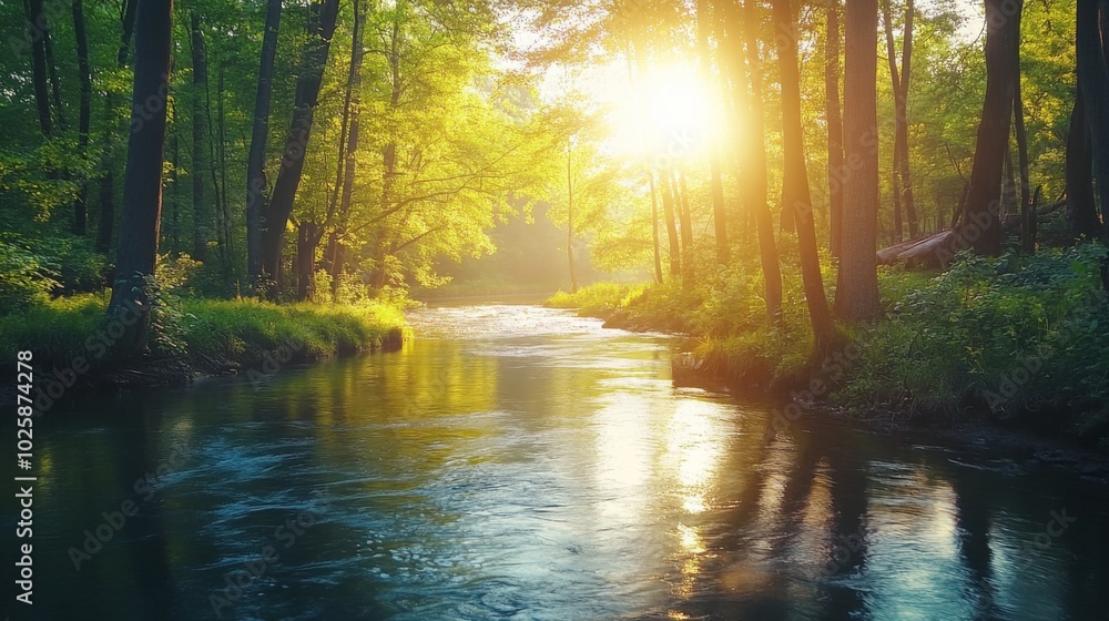 Fototapeta premium Sunlit River Flowing Through a Lush Green Forest