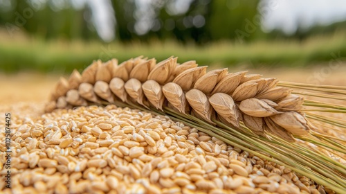 Close-up of golden wheat ear resting on a pile of grains, capturing the beauty of agriculture in a natural landscape. photo