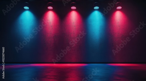 Neon spotlights shining on a wall in a dark empty space