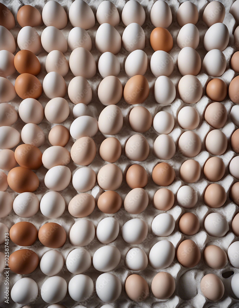 Top view of neatly arranged eggs, perfectly positioned in even rows. Top view of neatly arranged eggs, perfectly positioned in even rows.
