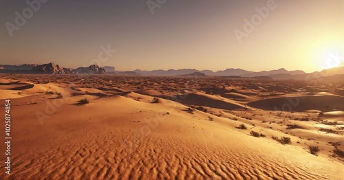 Vast desert landscape at sunset, golden light, warm tones