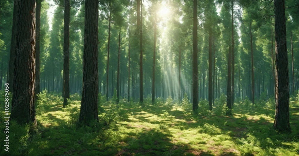 Serene forest with tall pine trees, sunlight streaming through the canopy Serene forest with tall pine trees, sunlight streaming through the canopy