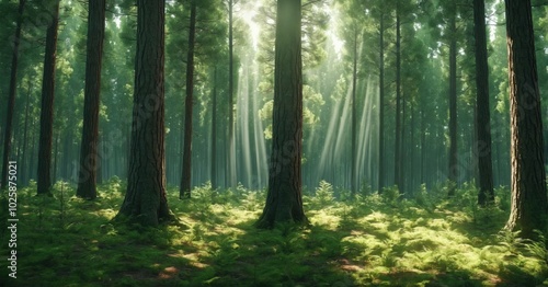 Serene forest with tall pine trees, sunlight streaming through the canopy