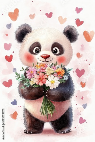 A happy panda bear holding a bouquet of flowers, surrounded by hearts, ideal for a thank-you card.