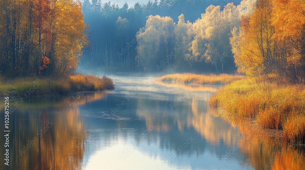 Obraz premium Serene River Winding Through Foggy Autumn Forest