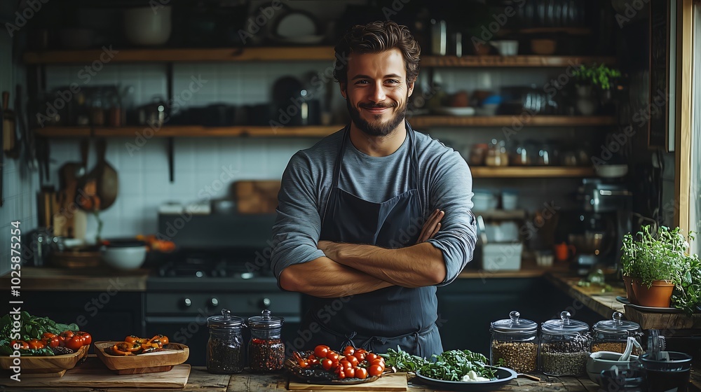 Confident chef in a restaurant kitchen, smiling and ready to cook with fresh veggies, embodying small business entrepreneurship Confident chef in a restaurant kitchen, smiling and ready to cook with fresh veggies, embodying small business entrepreneurship