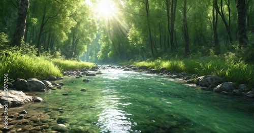 Crystal clear river flowing through a green forest