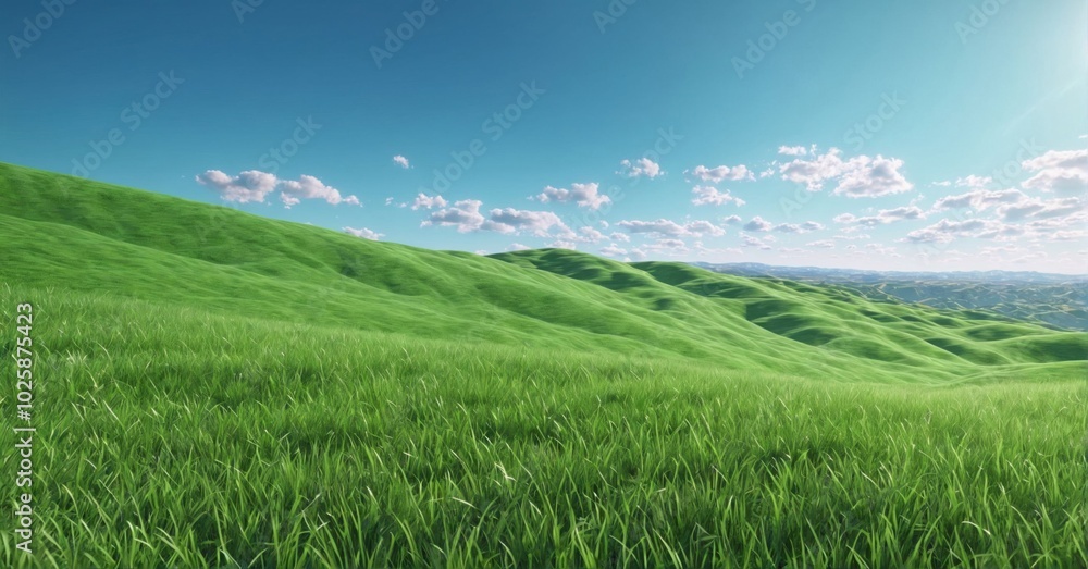 Rolling green hills under a bright blue sky, vibrant grass Rolling green hills under a bright blue sky, vibrant grass