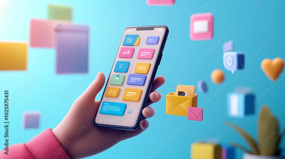 Fototapeta premium A hand engaging with a smartphone displaying colorful app notifications and messages