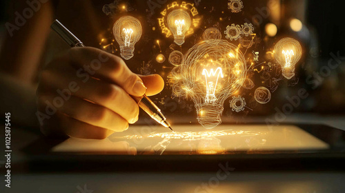 A hand writing innovative ideas on a tablet with glowing light bulbs representing creativity