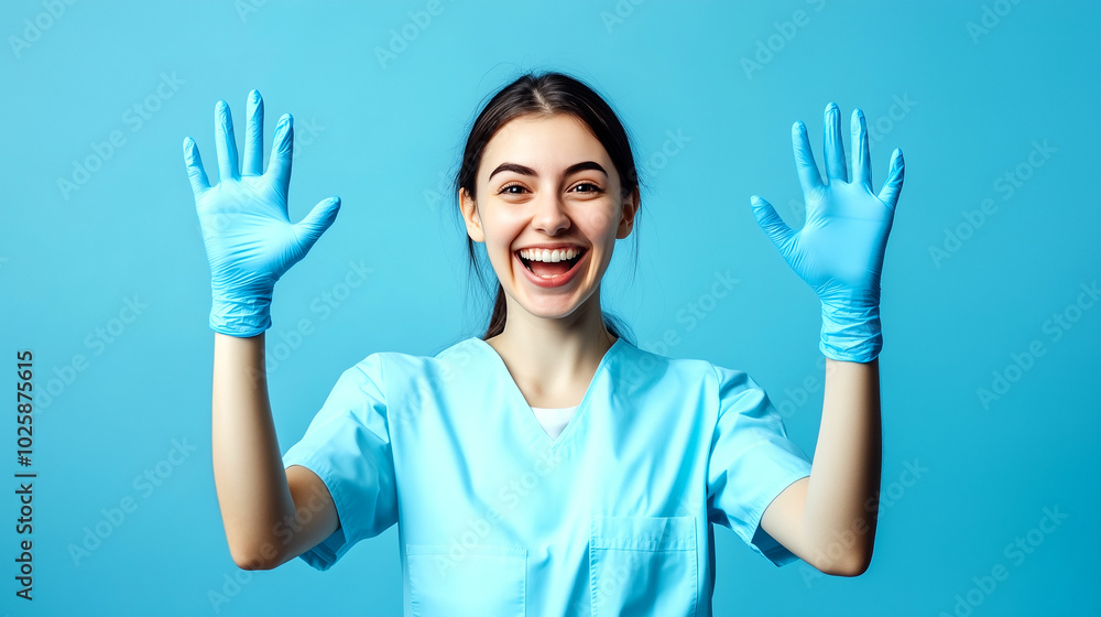 Happy patient celebrating a bright smile in a dental office with a friendly dentist Happy patient celebrating a bright smile in a dental office with a friendly dentist