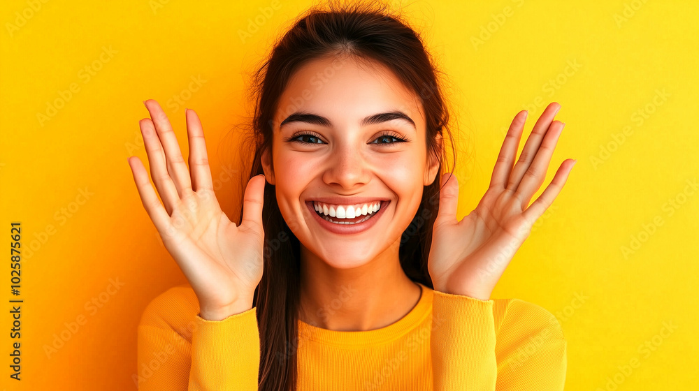 Happy patient proudly displaying their bright smile against a cheerful yellow backdrop Happy patient proudly displaying their bright smile against a cheerful yellow backdrop