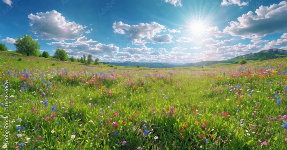 Serene meadow covered in wildflowers, colorful blossoms, vibrant green grass Serene meadow covered in wildflowers, colorful blossoms, vibrant green grass