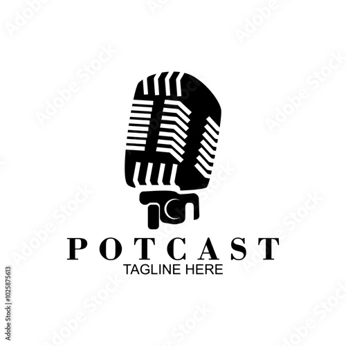Podcast with microphone. Unique business podcast logo emblem design template.