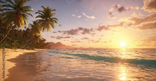 Tropical beach with palm trees at sunset, golden sky, vibrant colors