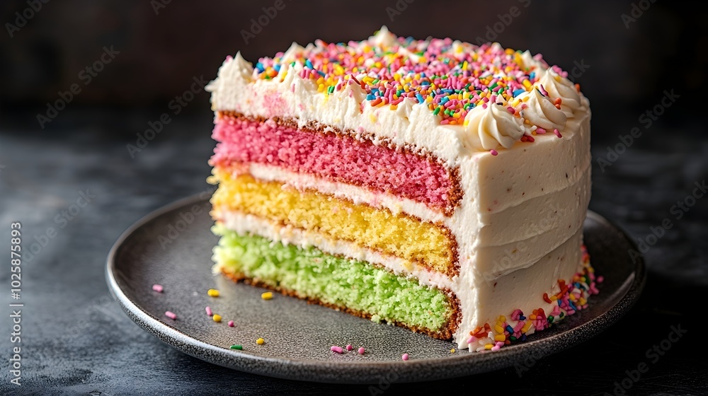 Vibrant Triadic Layered Cake with Sprinkles in Flat Design Style Vibrant Triadic Layered Cake with Sprinkles in Flat Design Style